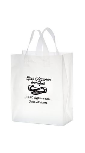 Custom Printed Clear Frosted Soft Loop Plastic Shopper Bag w/Insert (10"x5"x13") - Flexo Ink - 19FSC10513-FI